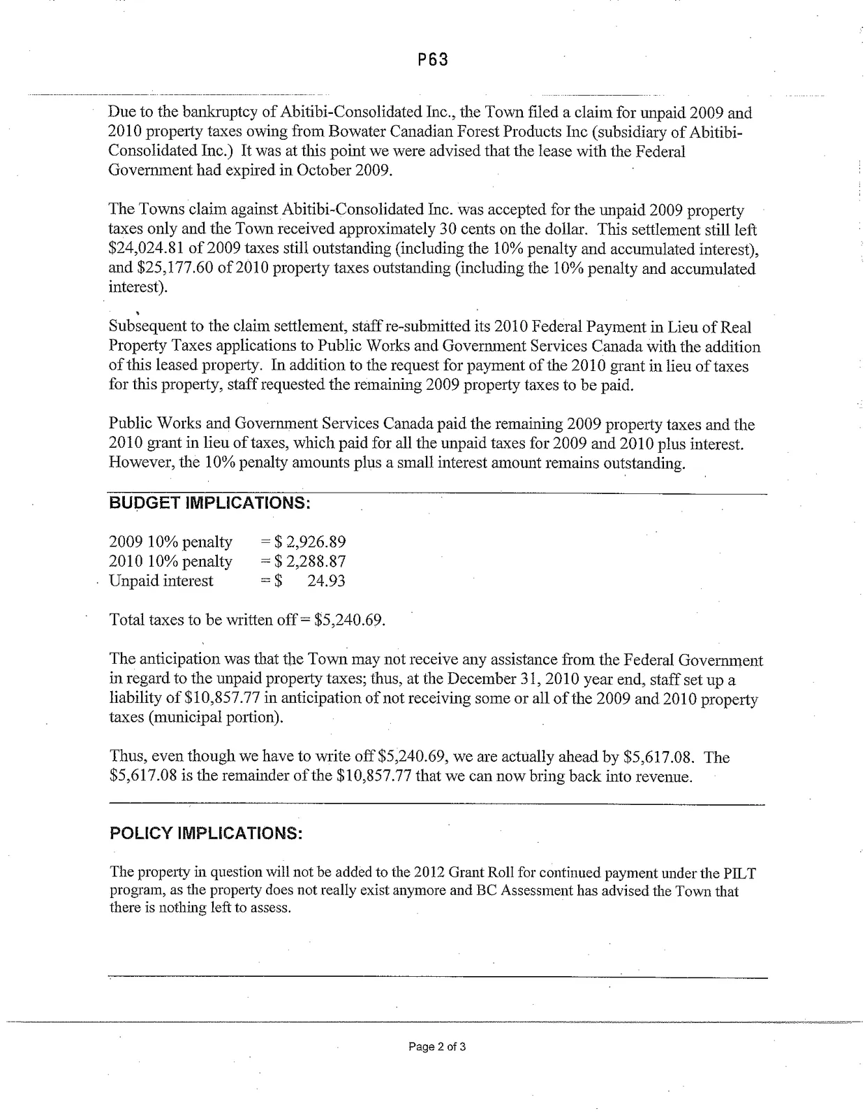 Council Report for Write Off Un-Paid Property Taxes, page 2