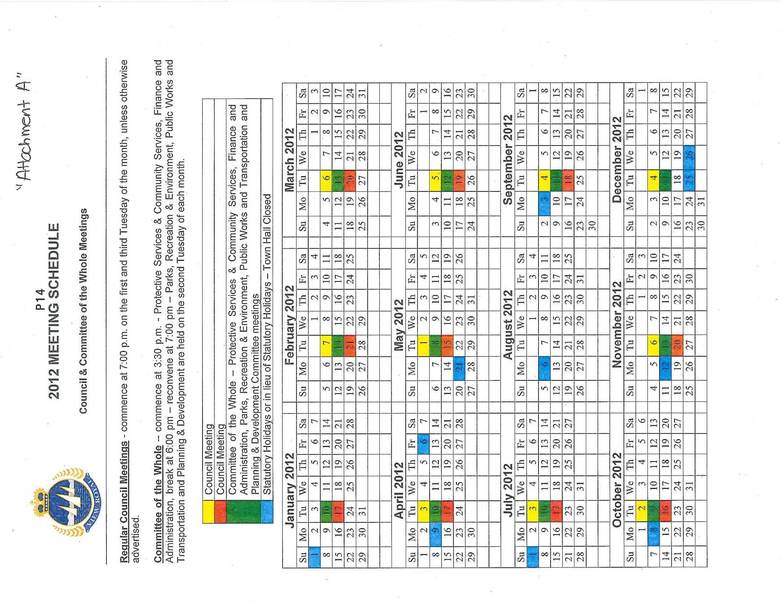 2012 meeting schedule calendar with color-coded dates for Council and Committee of the Whole meetings