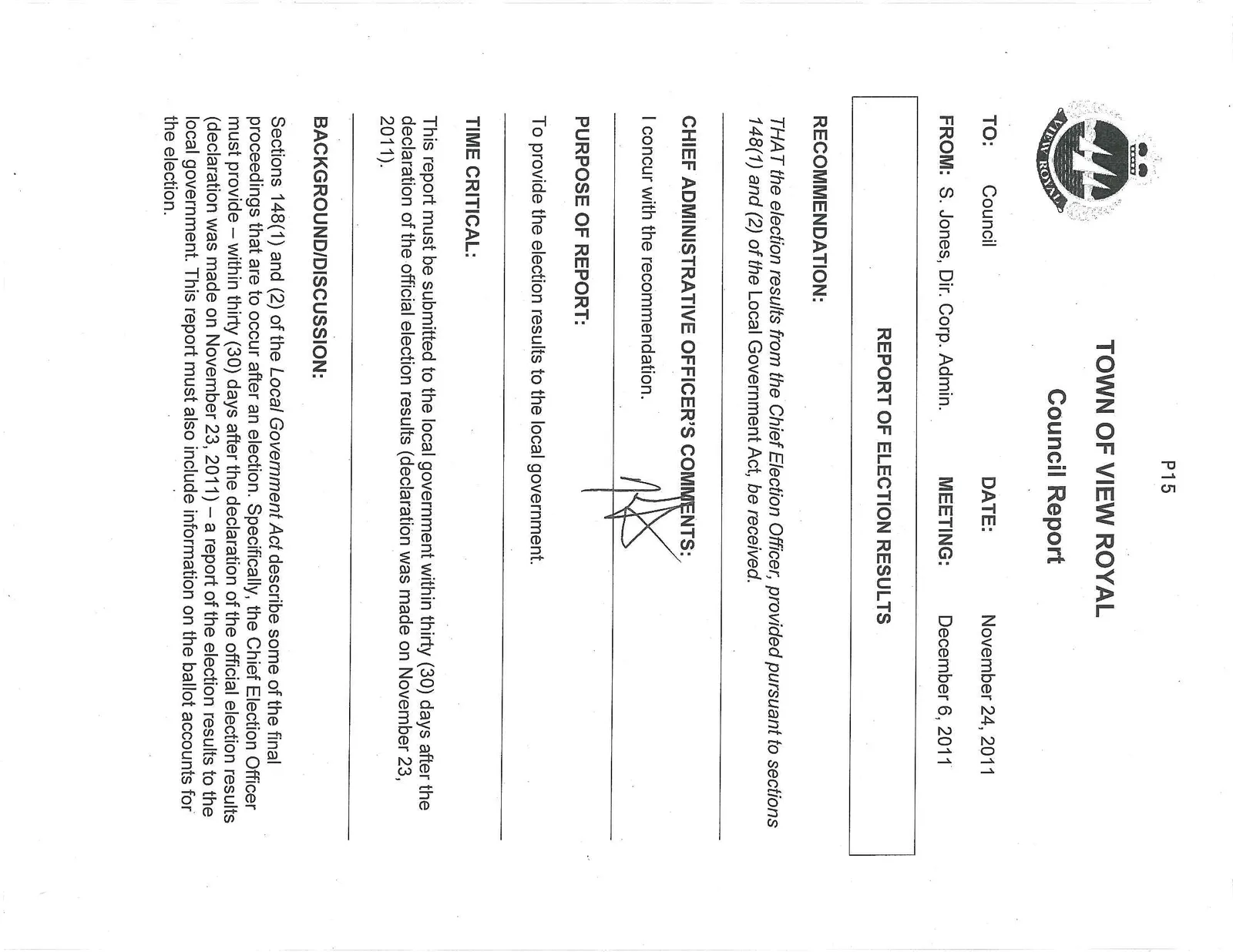 First page of the Council Report regarding election results dated November 24, 2011