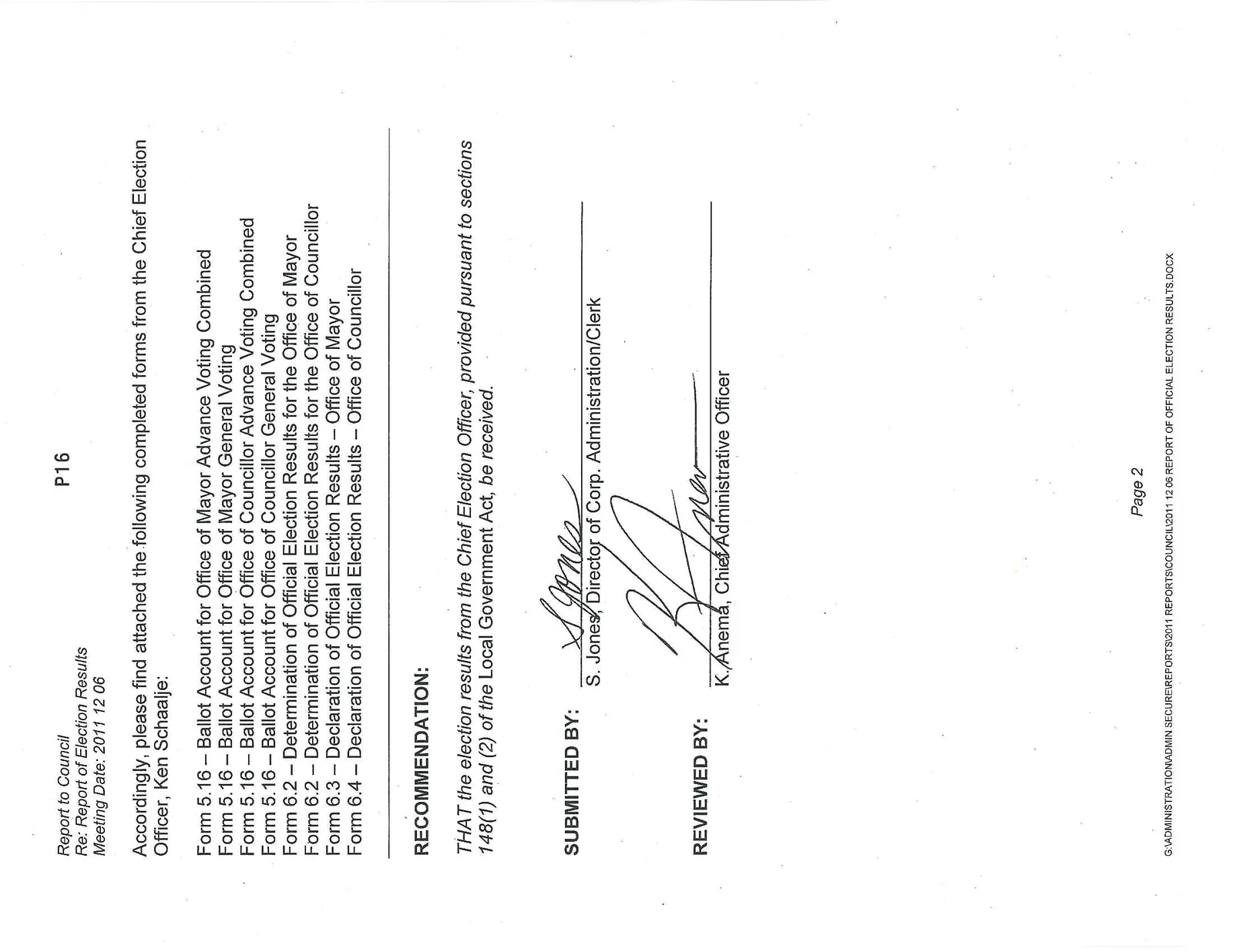Second page of the Council Report detailing attached election forms