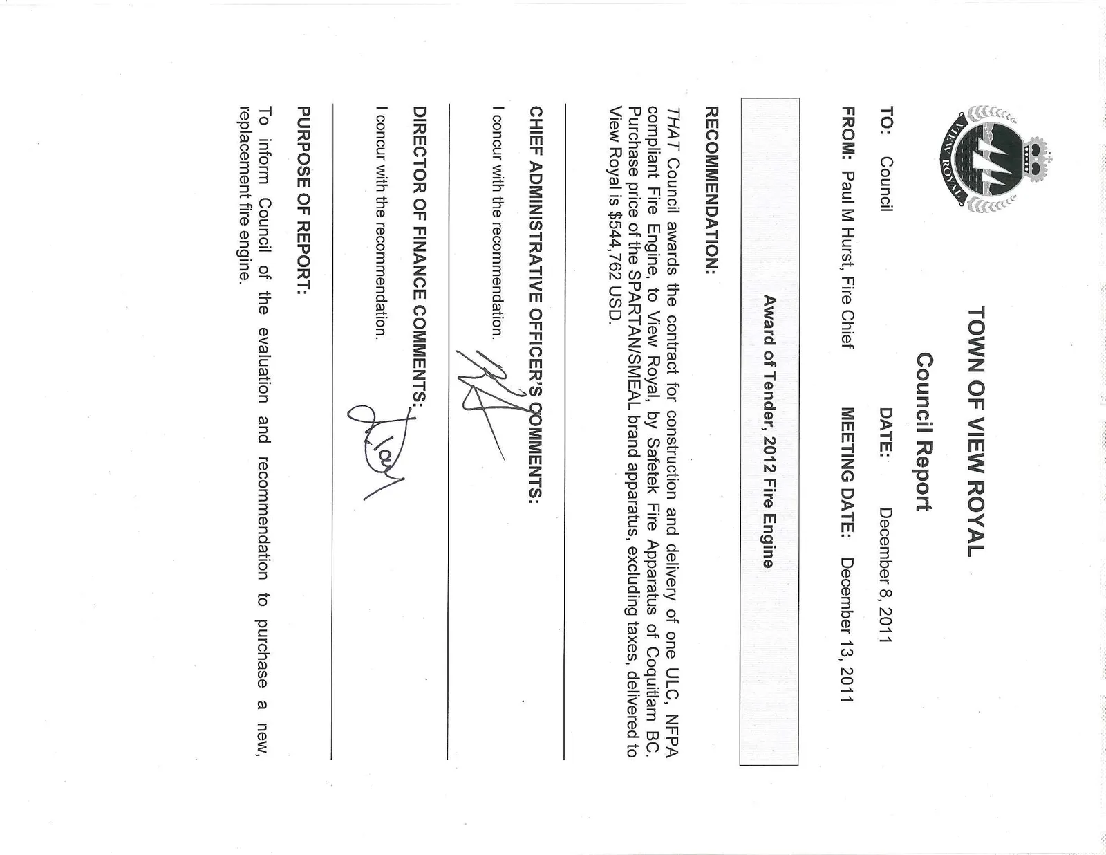 Council Report cover page for Fire Engine tender