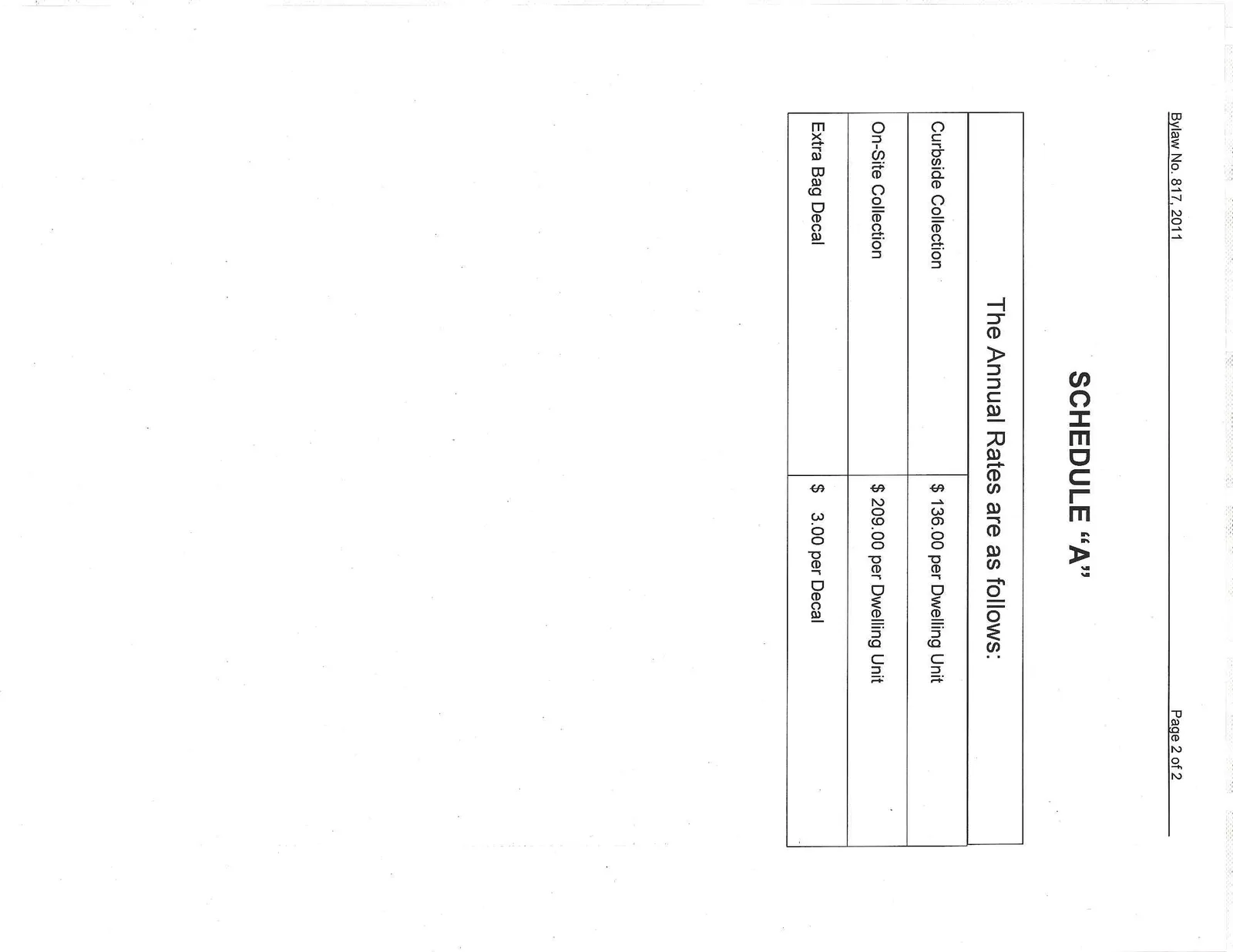 Table of annual rates for curbside collection, on-site collection, and extra bag decals