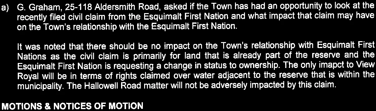 Discussion record regarding the inquiry into the Esquimalt First Nation civil claim