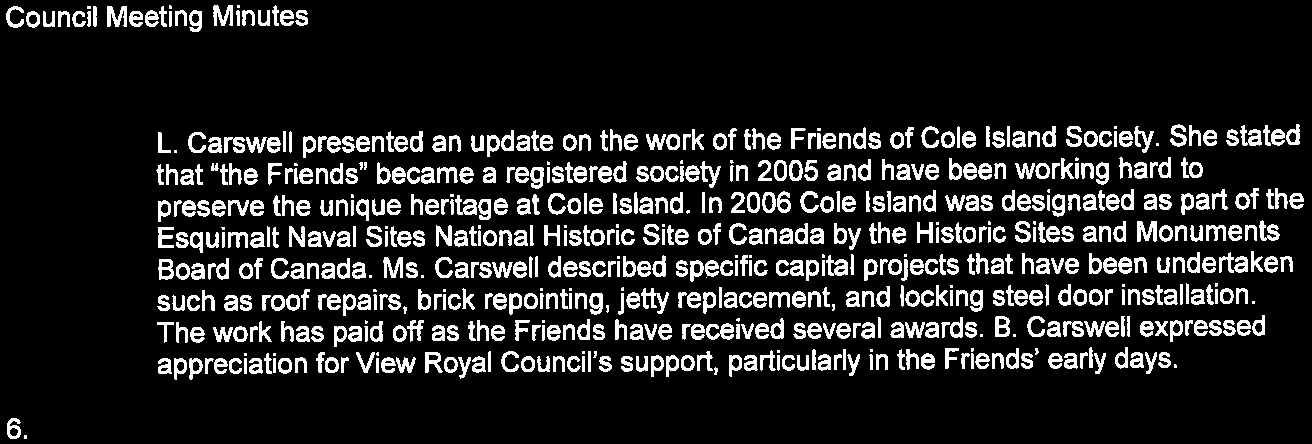 Text summary of L. Carswell’s presentation on the work and heritage preservation of the Friends of Cole Island Society