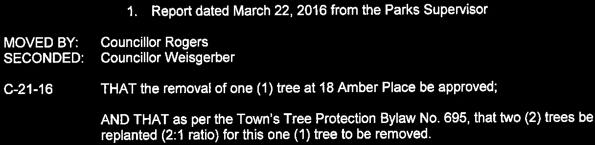 Details of report and Resolution C-21-16 regarding tree removal approval at 18 Amber Place