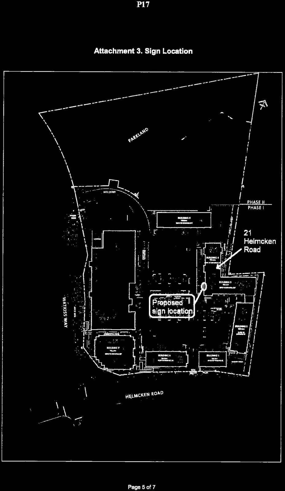 Site map of development property showing building layouts and proposed sign location