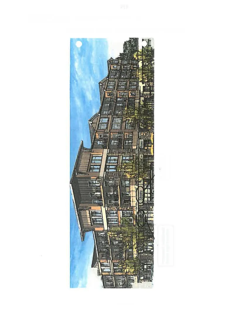 Architectural rendering of the multi-story mixed-use building at #130-23 Helmcken Road showing sign locations