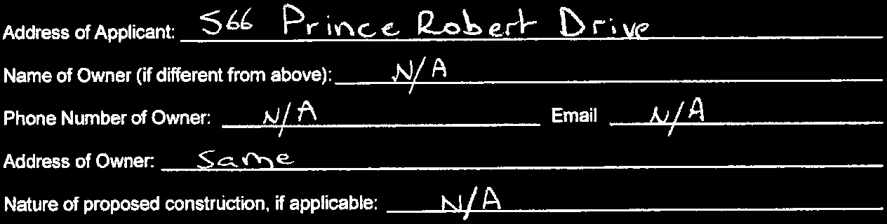 Form section showing applicant address, owner details, and construction nature