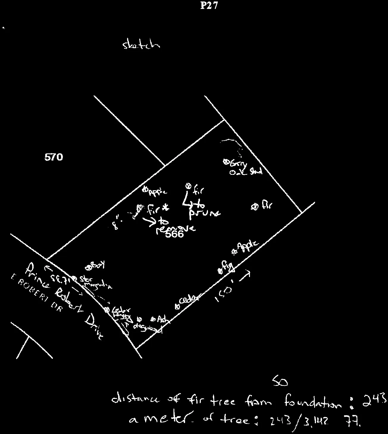 Hand-drawn property sketch of 566 Prince Robert Drive showing tree locations, lot dimensions, and distance from foundation