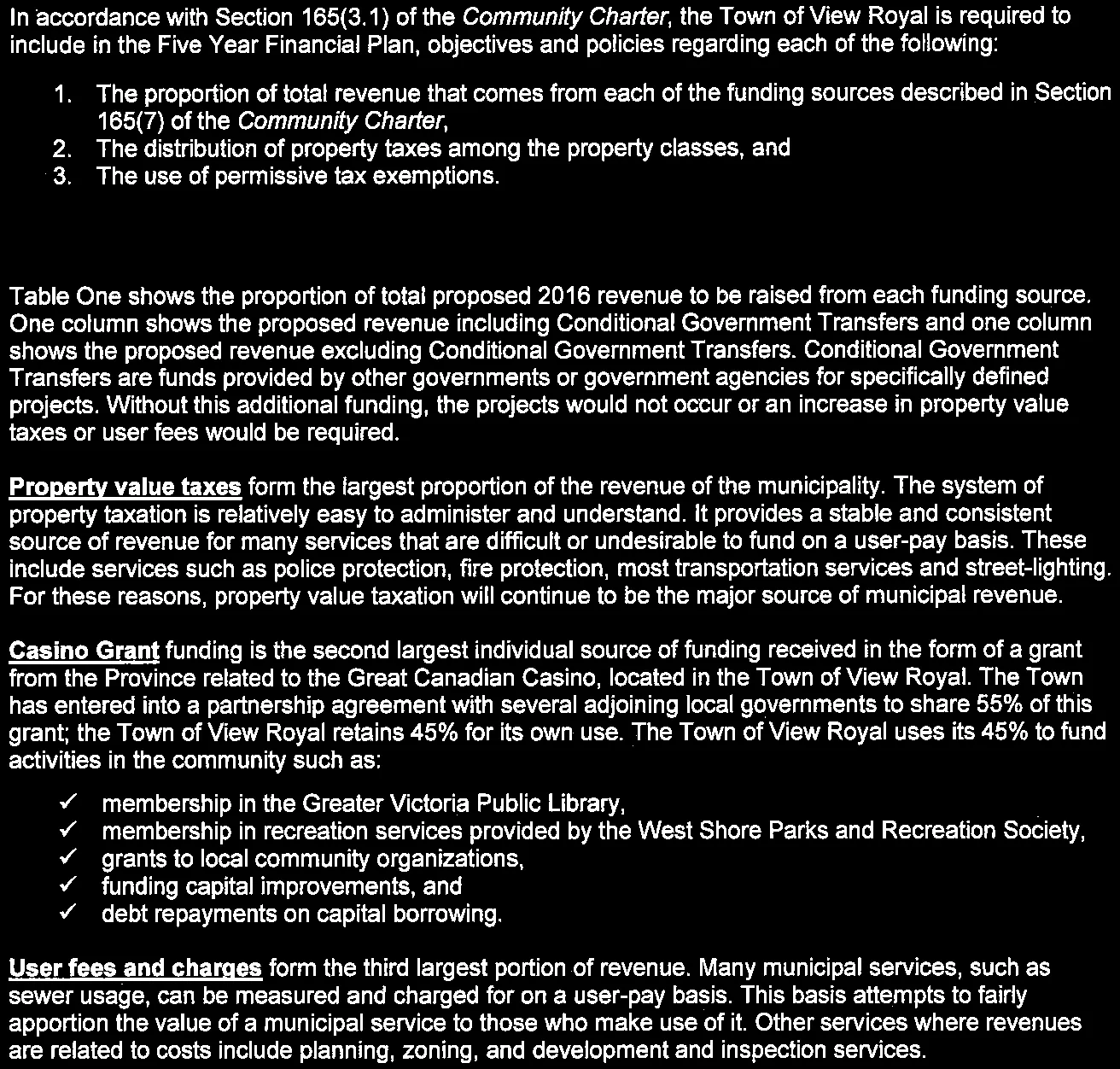 Text describing revenue policy disclosure, funding sources, property value taxes, and casino grant