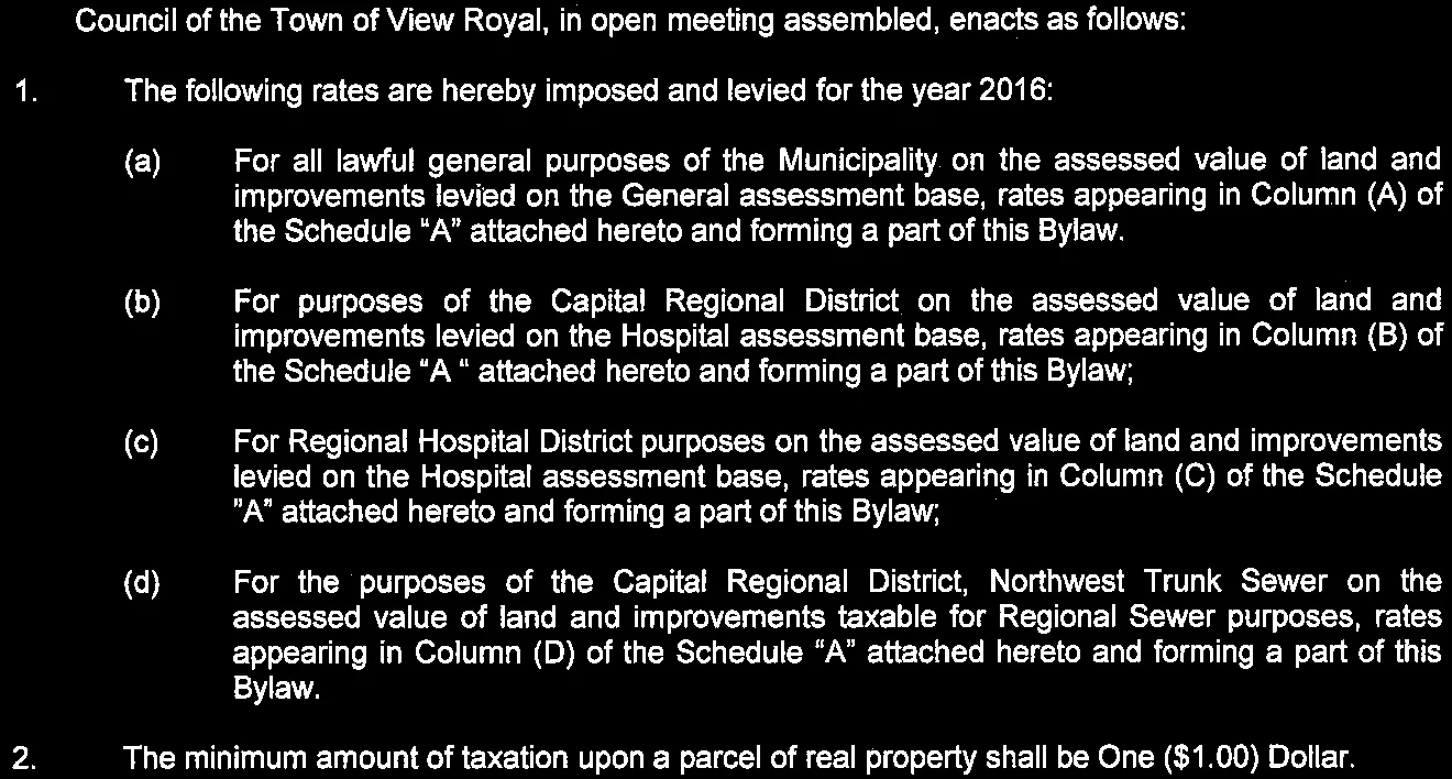 Bylaw provisions 1 and 2 detailing tax rate imposition and minimum taxation