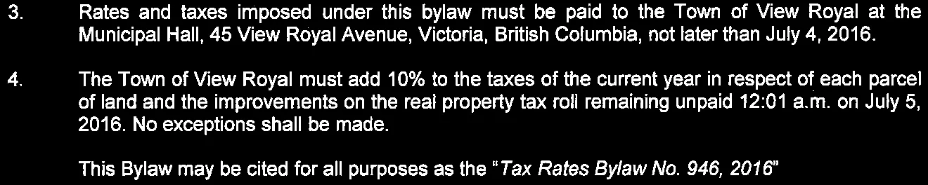 Bylaw provisions 3 and 4 regarding payment deadlines and penalties, and the citation title