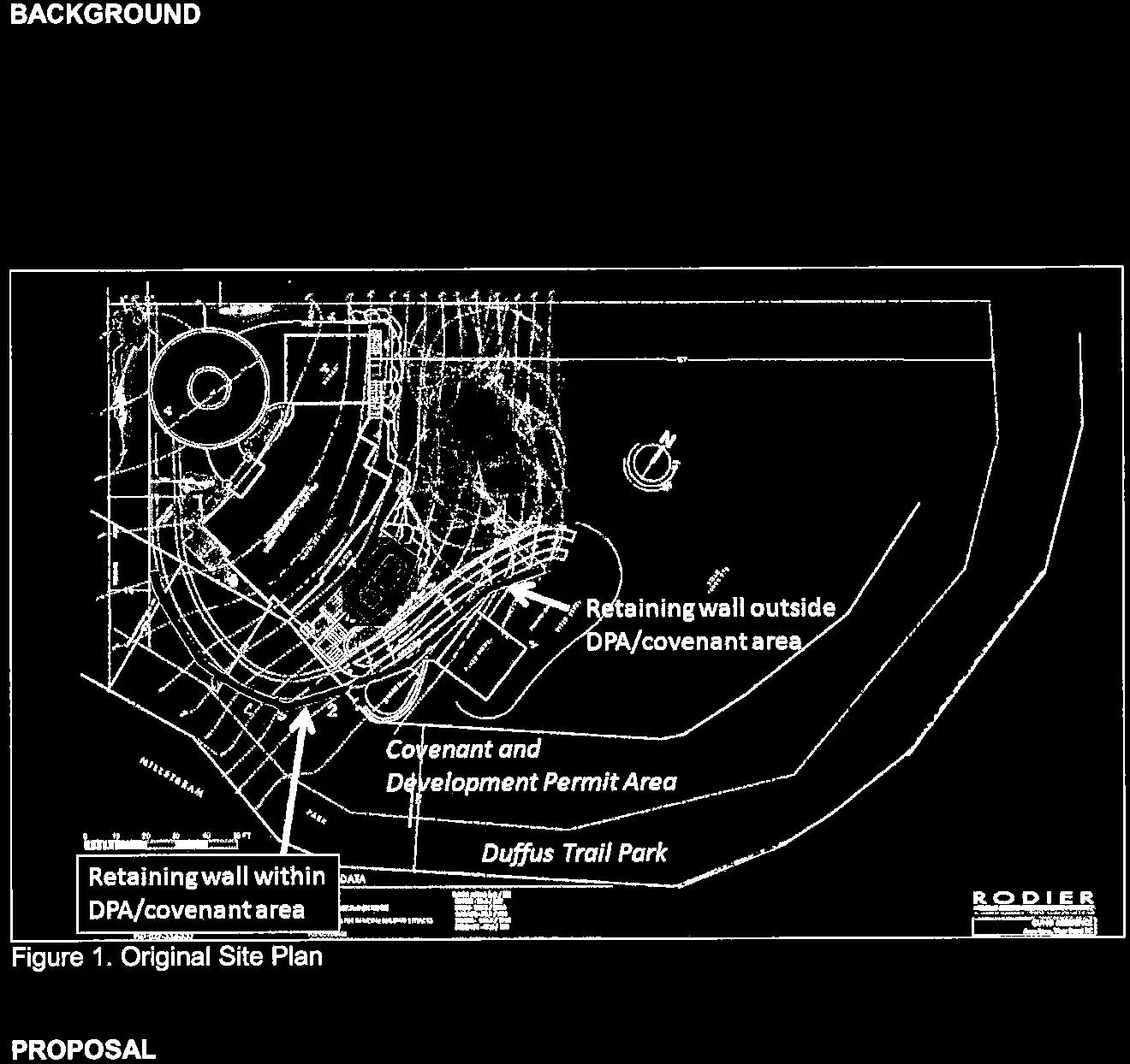Original Site Plan map for 237 Anya Lane showing retaining wall locations relative to the DPA/covenant area and Millstream Creek