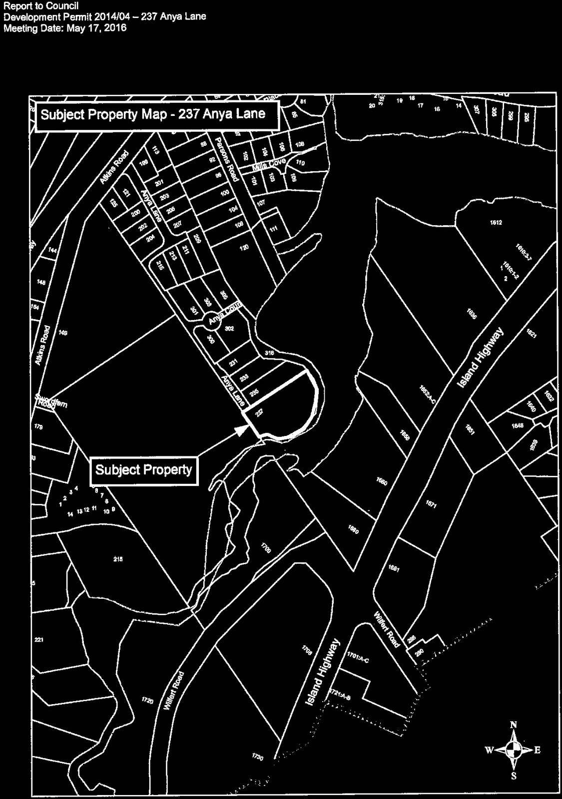Subject Property Map - 237 Anya Lane, showing the lot layout and street names including Atkins Road, Anya Lane, Parsons Road, Mill Cove, Island Highway, and Wilfert Road. The subject property at 237 Anya Lane is highlighted with an arrow.