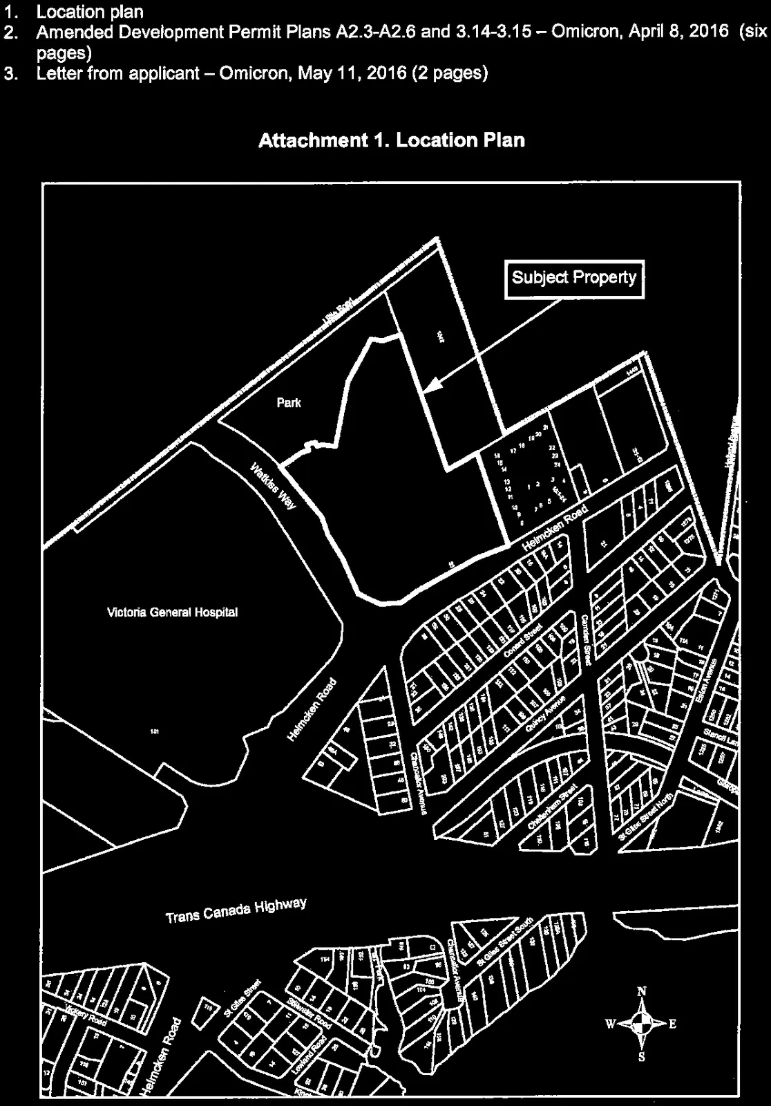 Subject Property Map - 33 Helmcken Rd, showing the location of the Subject Property relative to Victoria General Hospital, Park, Watkiss Way, Helmcken Road, and the Trans Canada Highway.