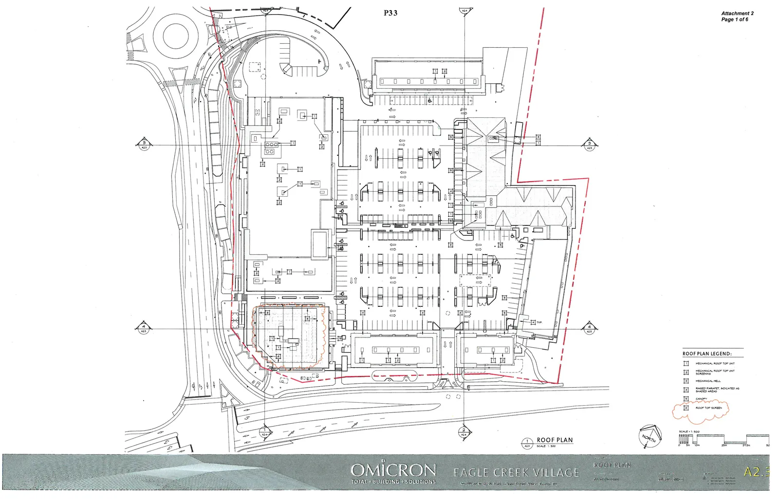 Overall site roof plan for Eagle Creek Village showing building footprints, parking layouts, and surrounding roads including Watkiss Way and Helmcken Road.