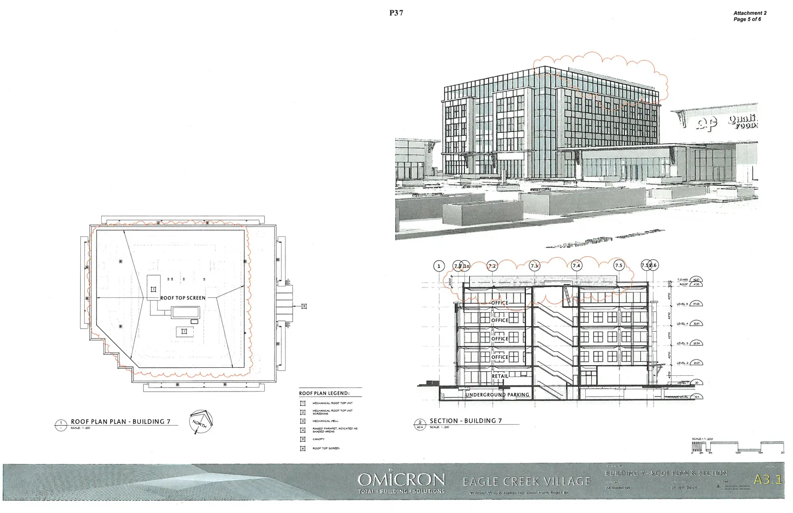 Detailed roof plan, cross-section, and 3D perspective rendering of Building 7.