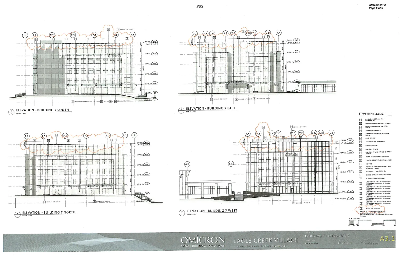 South, East, North, and West elevations for Building 7 with architectural details.