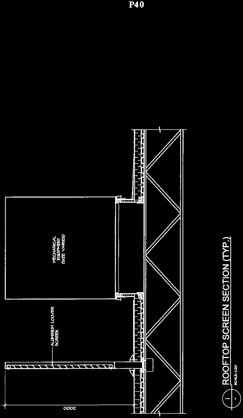 A technical drawing showing a typical rooftop screen section. The diagram labels "ALUMINIUM LOUVER SCREEN" and "MECHANICAL EQUIPMENT (SIZE VARIES)". A vertical dimension of 2000 is indicated for the screen height.