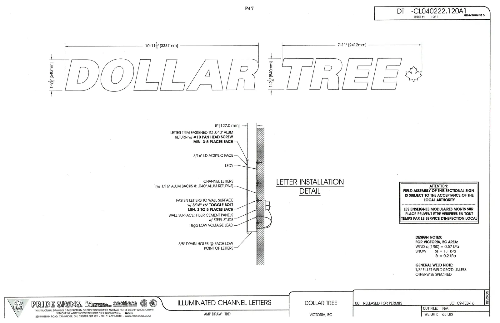 Technical drawing showing the front elevation and side-profile installation detail for illuminated "DOLLAR TREE" channel letters, including dimensions and materials.