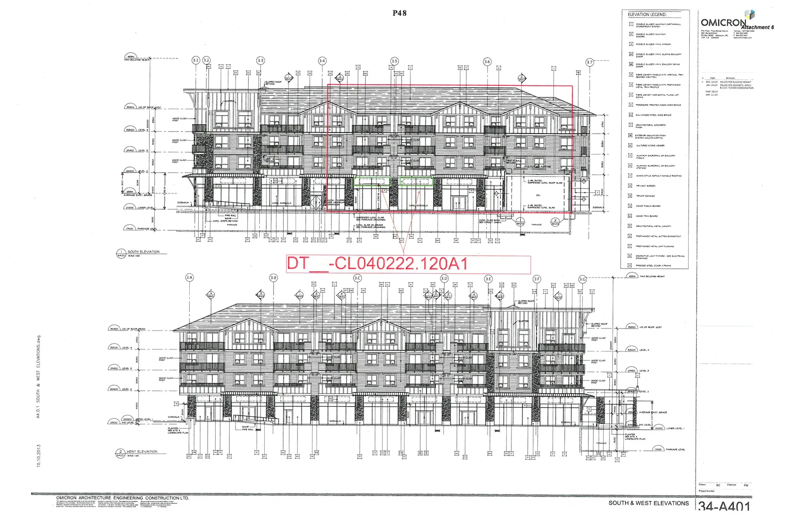 South Elevation architectural drawing showing a four-story building with ground-floor commercial storefronts and three residential levels above. The drawing includes grid lines 3.1 through 3.7.