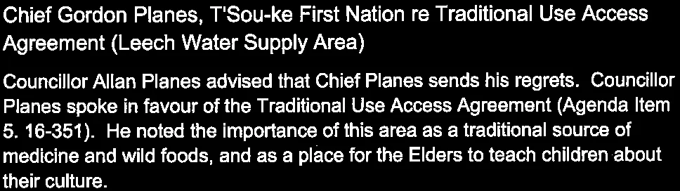 Summary of presentation by Councillor Allan Planes on behalf of Chief Gordon Planes