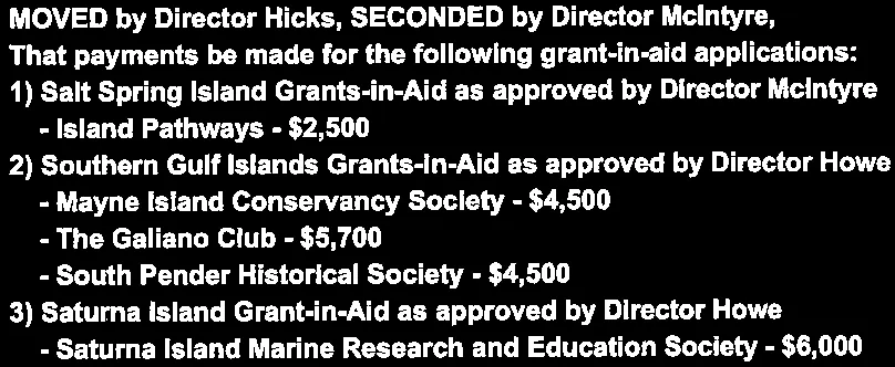 Approval of grant-in-aid applications for Salt Spring Island, Southern Gulf Islands, and Saturna Island