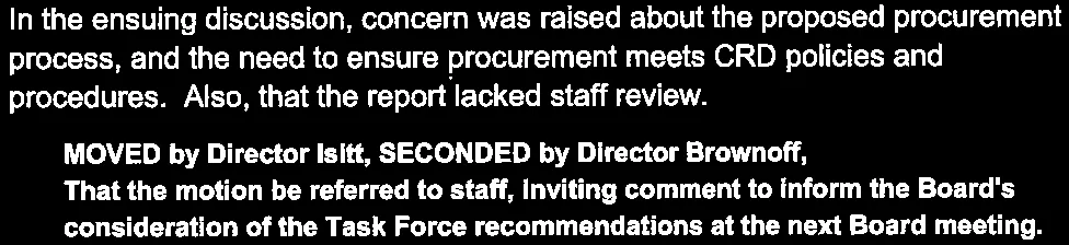 Discussion on procurement concerns and motion to refer the report back to staff