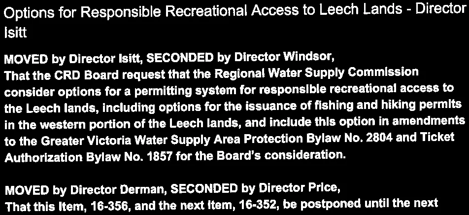 Verbatim motions regarding permits for fishing and hiking in Leech lands and postponement of item 16-356