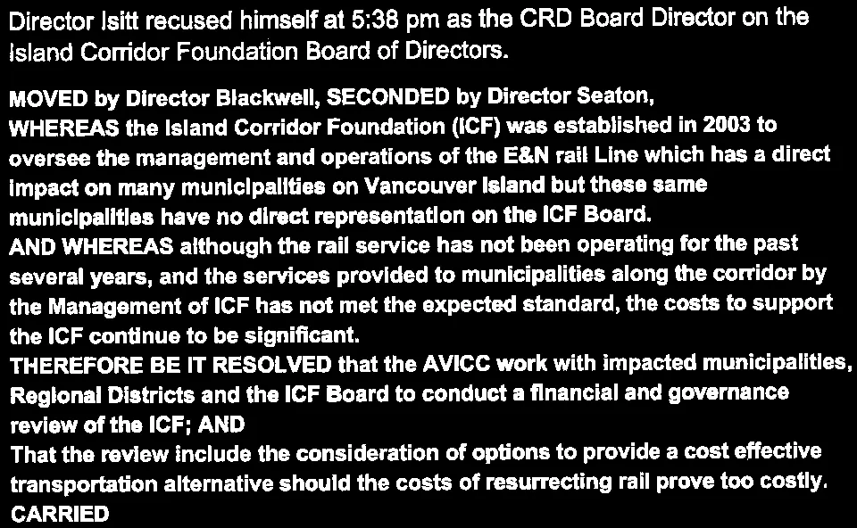 Verbatim resolution calling for AVICC to work with municipalities for a financial and governance review of the ICF