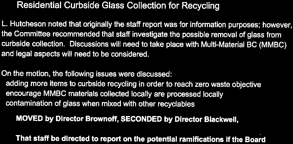 Summary of staff report, committee recommendations, and discussions regarding curbside glass recycling