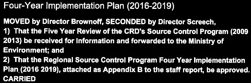 Verbatim motions to receive the five-year review and approve the four-year implementation plan for source control