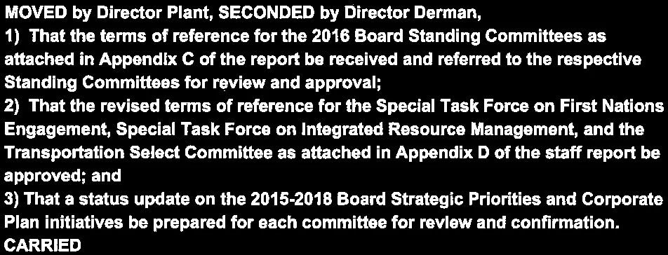 Verbatim motions 1, 2, and 3 regarding terms of reference for various committees and strategic updates