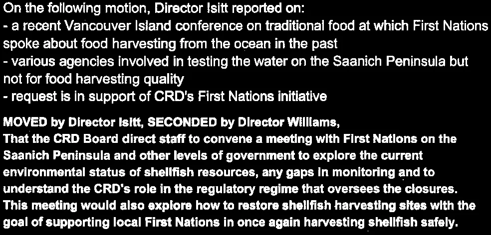 Summary points and verbatim motion for convening a meeting with First Nations regarding shellfish harvesting