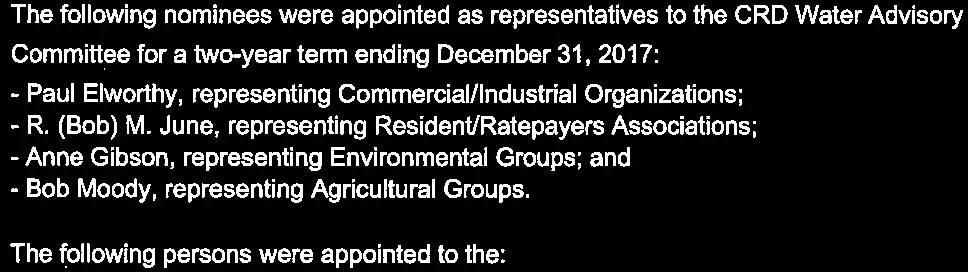 Verbatim list of nominees appointed to the CRD Water Advisory Committee for a two-year term