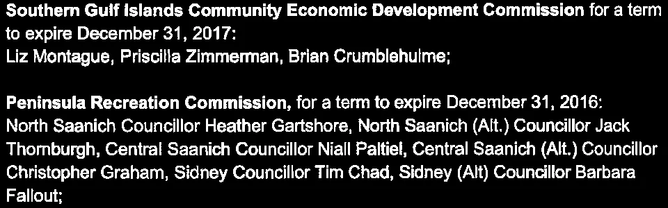 Verbatim list of appointees for Pender Islands Parks and Recreation for the term expiring December 31, 2017