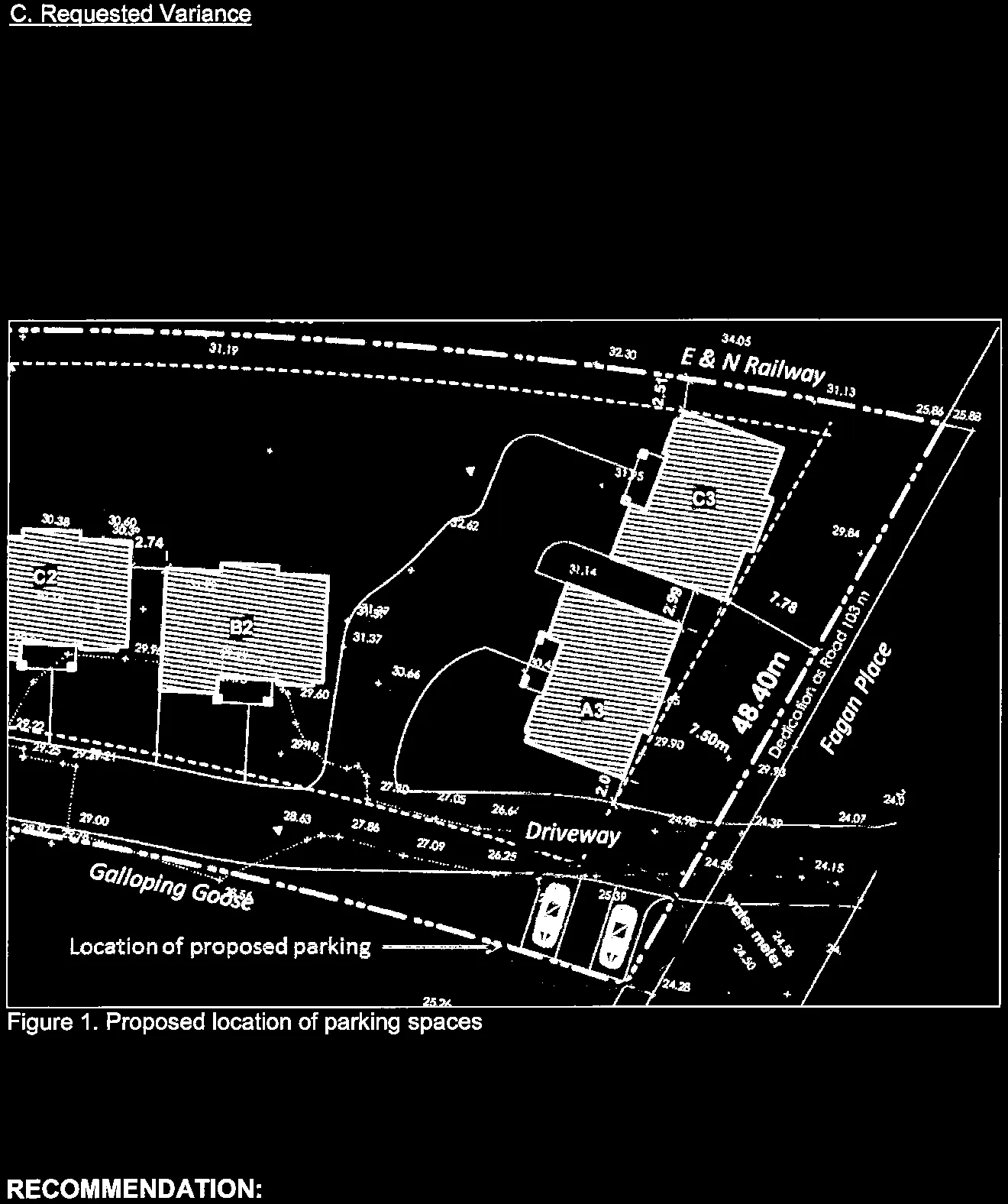 Figure 1. Proposed location of parking spaces. Site plan showing building footprints A3, B2, C2, and C3 along a driveway connected to Fagan Place. Three parking spaces are identified and circled near the Galloping Goose trail.