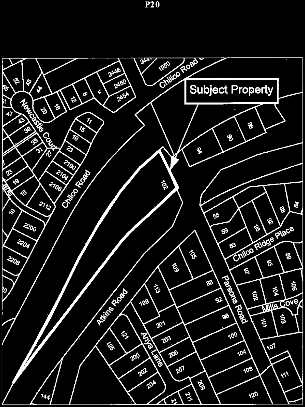 Location map showing the subject property at 102 Atkins Road and surrounding residential lots on Chilco Road, Newcastle Court, Anya Lane, Parsons Road, and Chilco Ridge Place