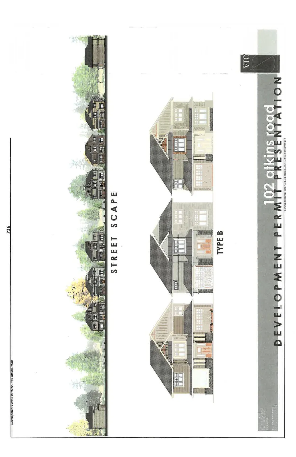 Full development permit presentation for 102 Atkins Road showing street scape and house types