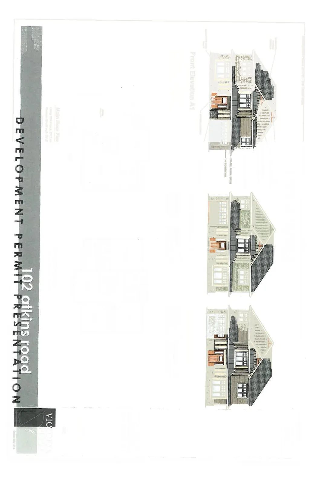 Architectural callouts for exterior materials including corner trim and aluminum gutter