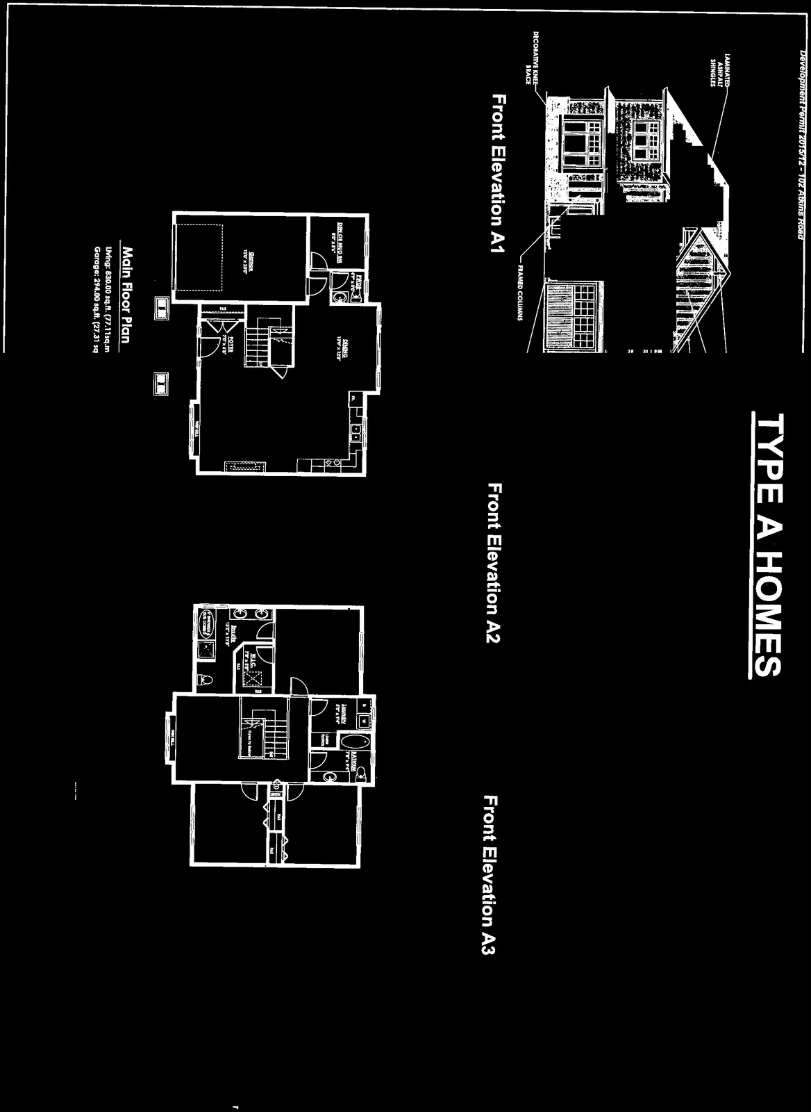 Detailed architectural drawings of the three front elevation types