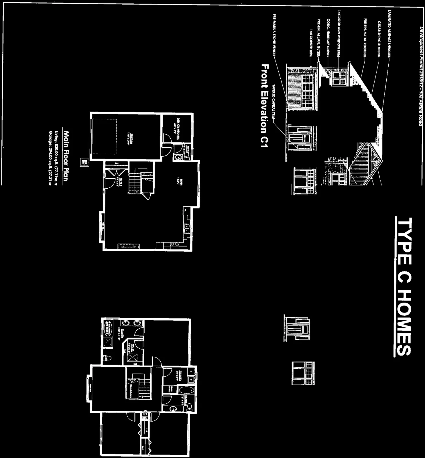 Layout of front elevations and floor plan drawings for Type C homes
