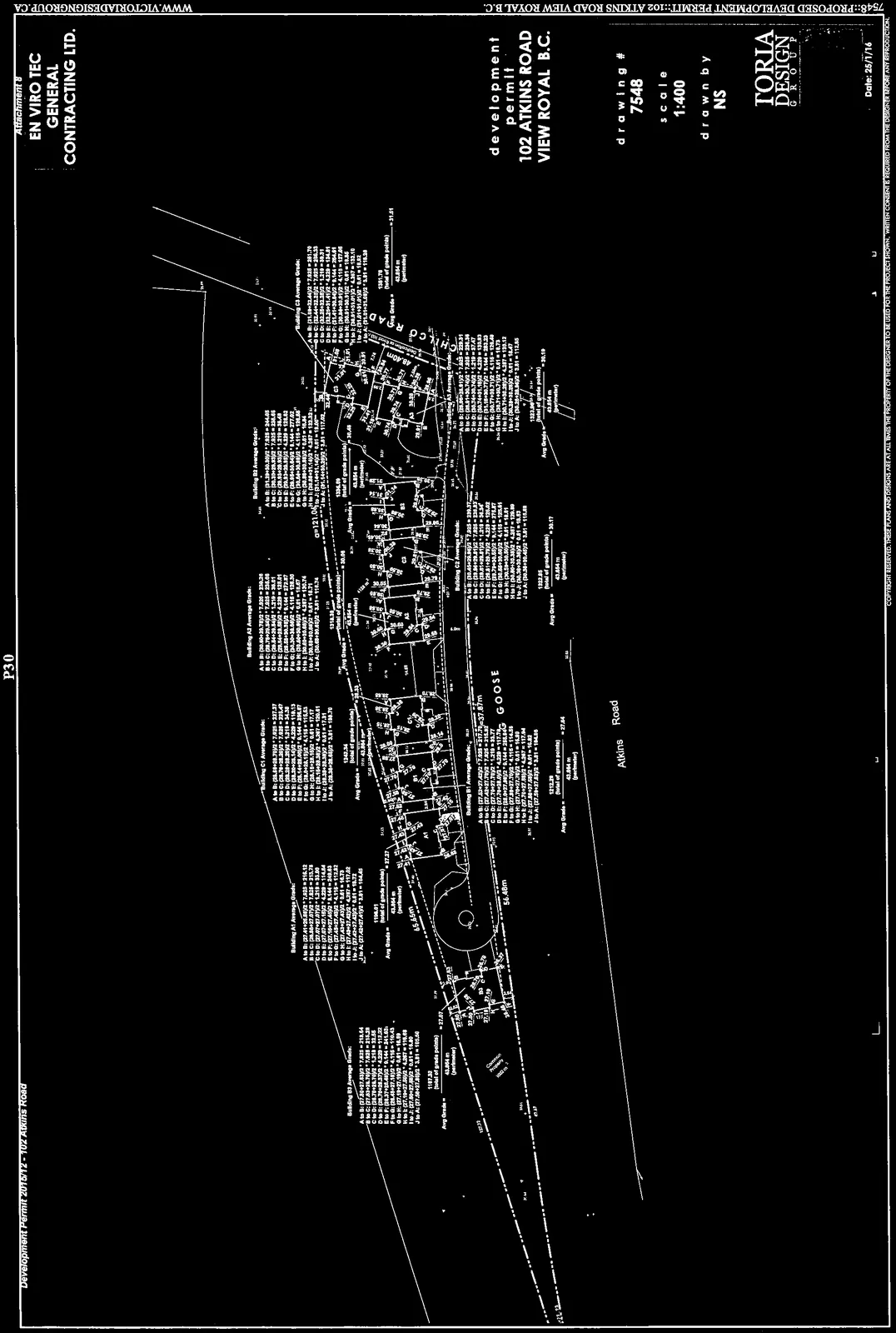 Detailed site plan of 102 Atkins Road showing building footprints and calculations for Building Average Grades