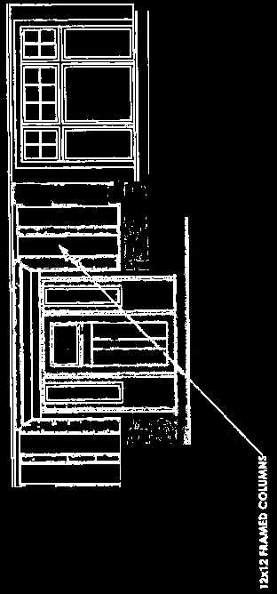 Close-up detail of building siding and 12x12 framed columns