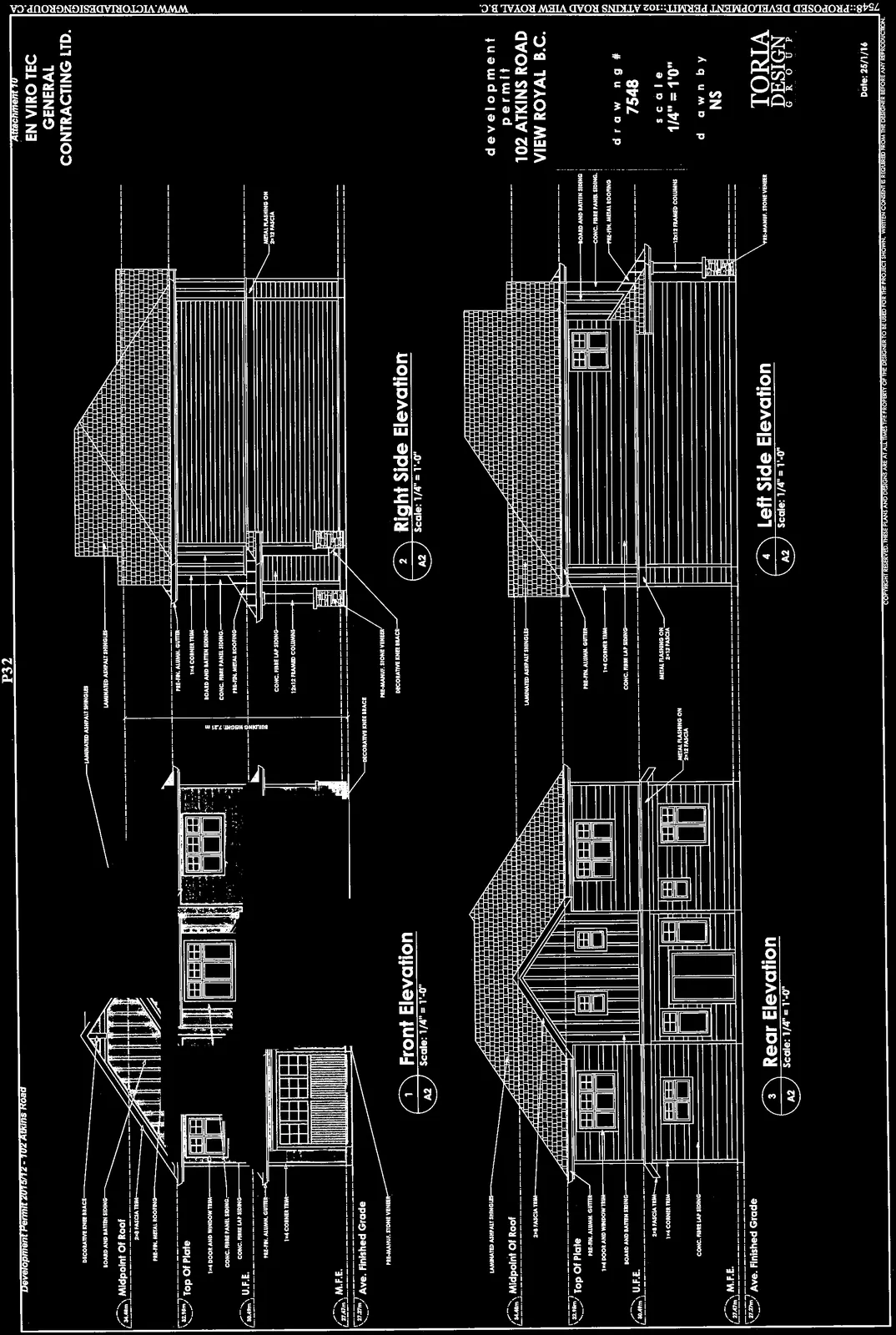 Architectural drawing sheet showing four elevations—Front, Right Side, Rear, and Left Side—for a "Typical Type A" home at 102 Atkins Road.