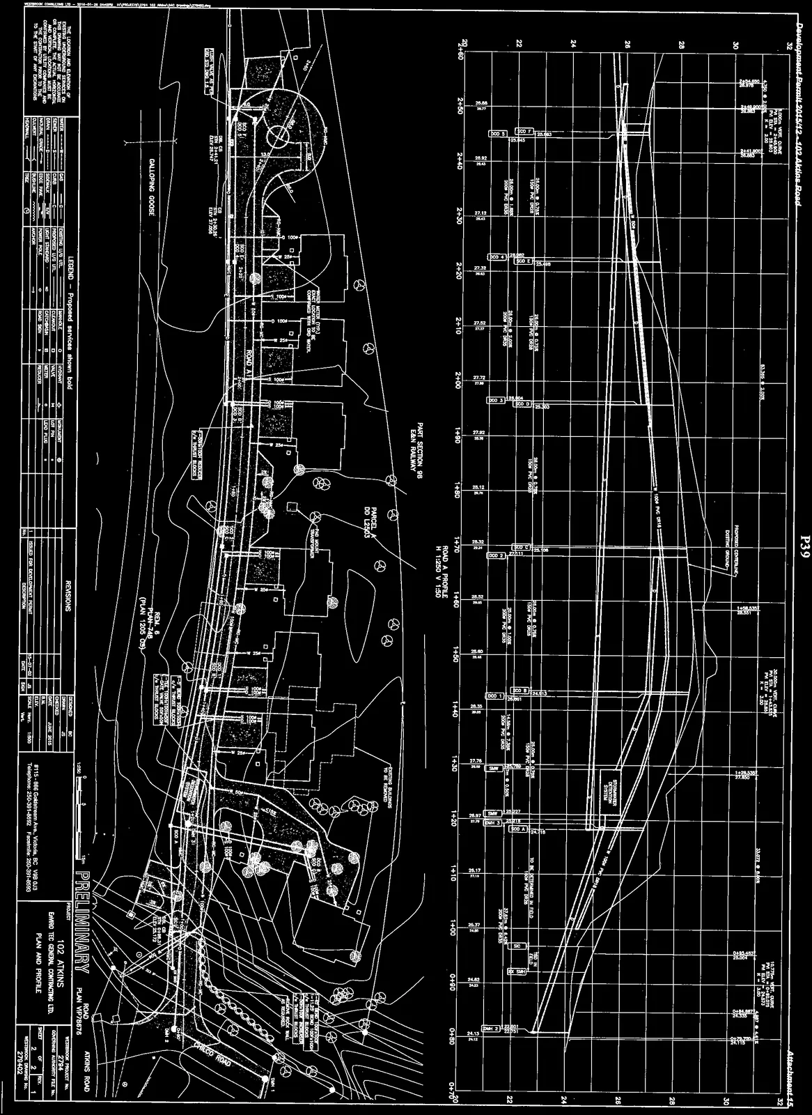 Preliminary engineering drawing showing "Road A Profile" elevation chart and a site plan for the 102 Atkins development layout