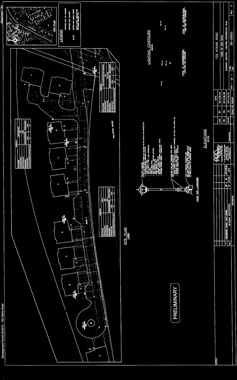 Technical drawing for the roadway lighting at 102 Atkins Road, including a site plan, design data table, luminaire specifications, and lighting contours.