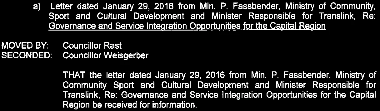 correspondence regarding Capital Region governance and service integration