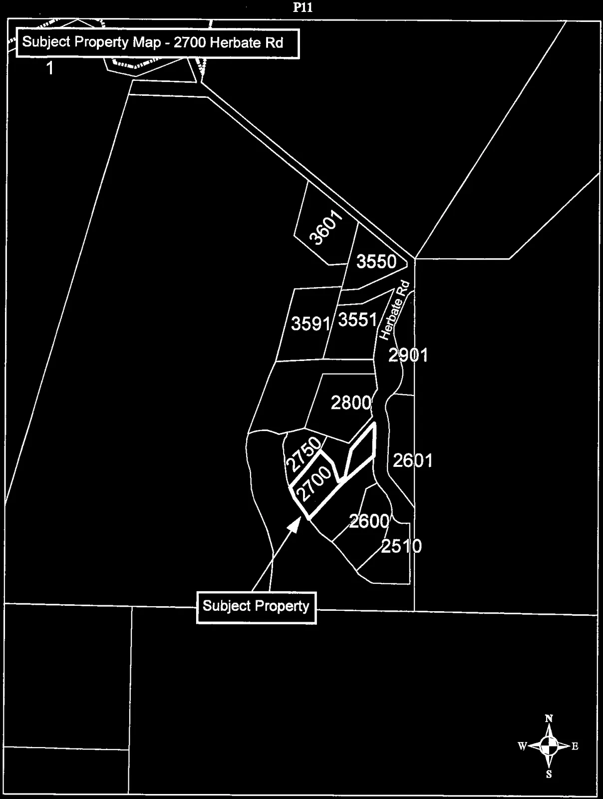 Parcel map showing properties along Herbate Rd, with an arrow pointing to the subject property at 2700 Herbate Rd.