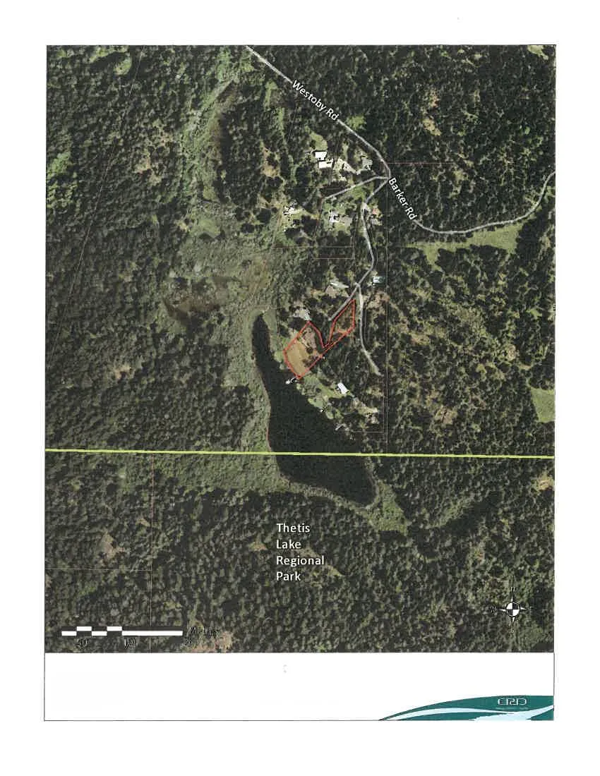 Aerial map showing 2700 Herbate Rd outlined in red, situated near Thetis Lake Regional Park and accessible via Westoby Rd and Barker Rd.